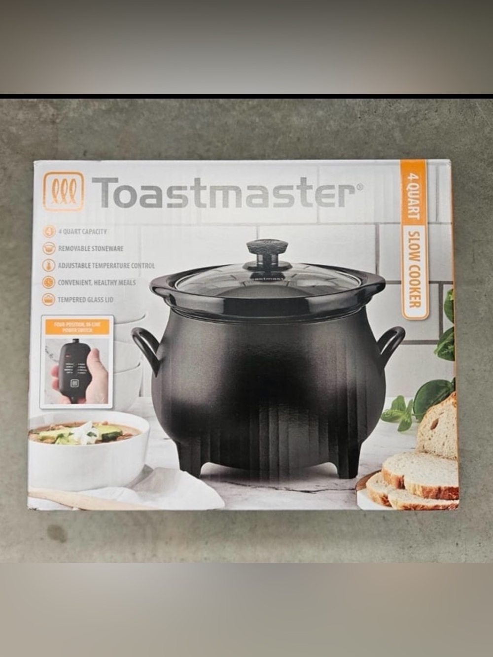 Toastmaster 4QT Black Cauldron Slow Cooker w/ Removable Crock and Glass Lid